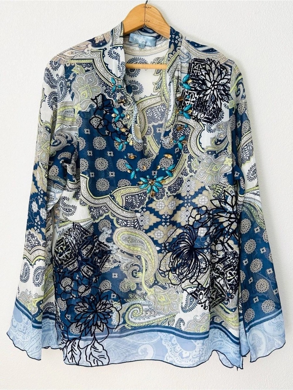 Hale Bob Lounge 100% Silk Beaded Tunic Top Split Bell Sleeves Paisley Floral S